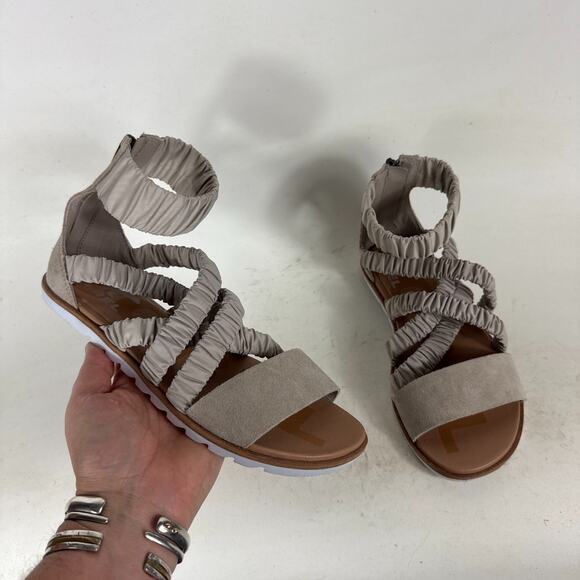 Sorel Gladiator Ankle Sandals Women's 6.5 Taupe Suede Leather Elastic Back Zip - Picture 1 of 9
